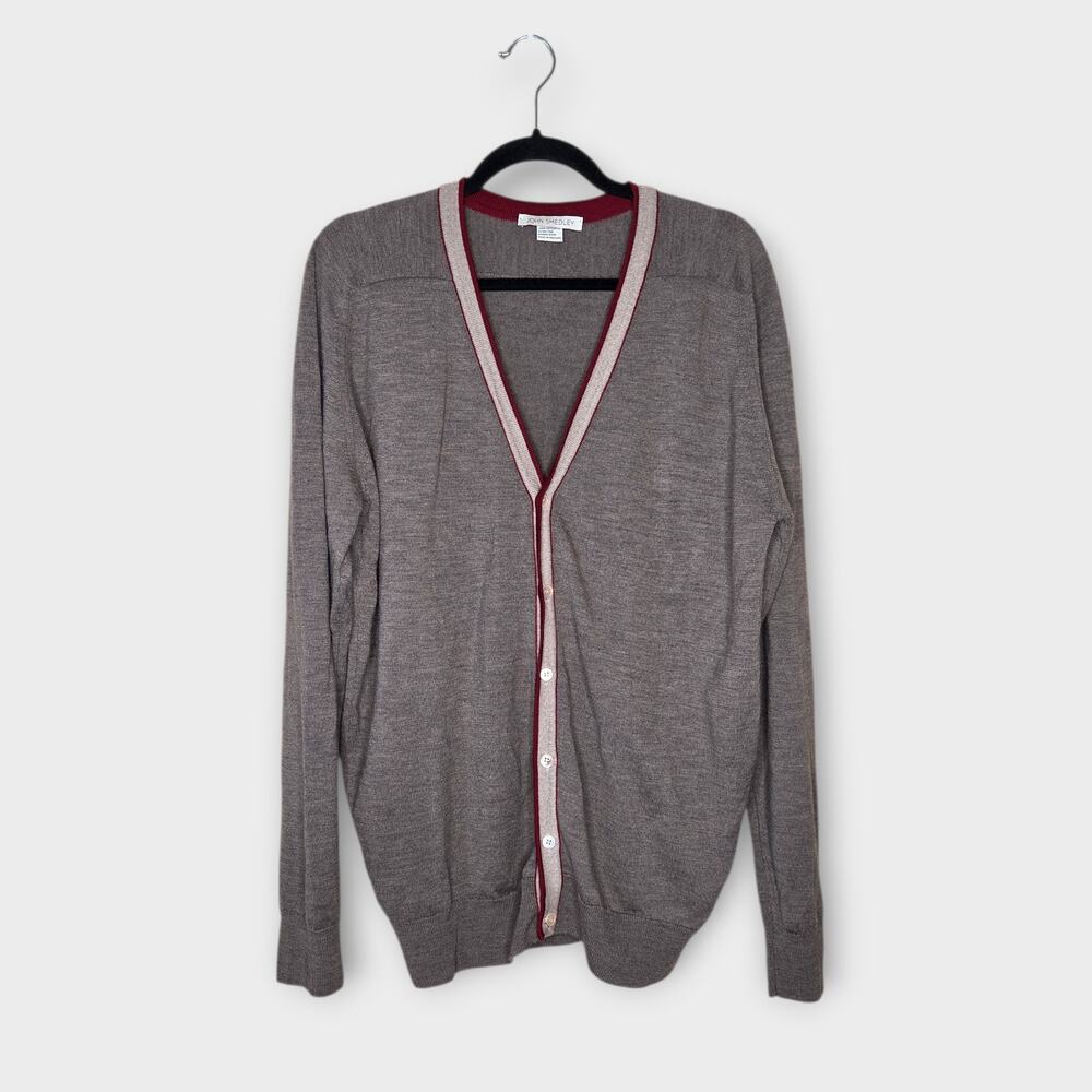 John Smedley Wool V Neck Button Front Cardigan Taupe Red Mens Med